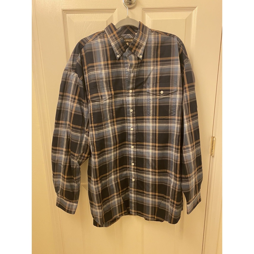 Stetson Mens 2XL Blue Black Tan Plaid Cotton Western LS Button Down Shirt